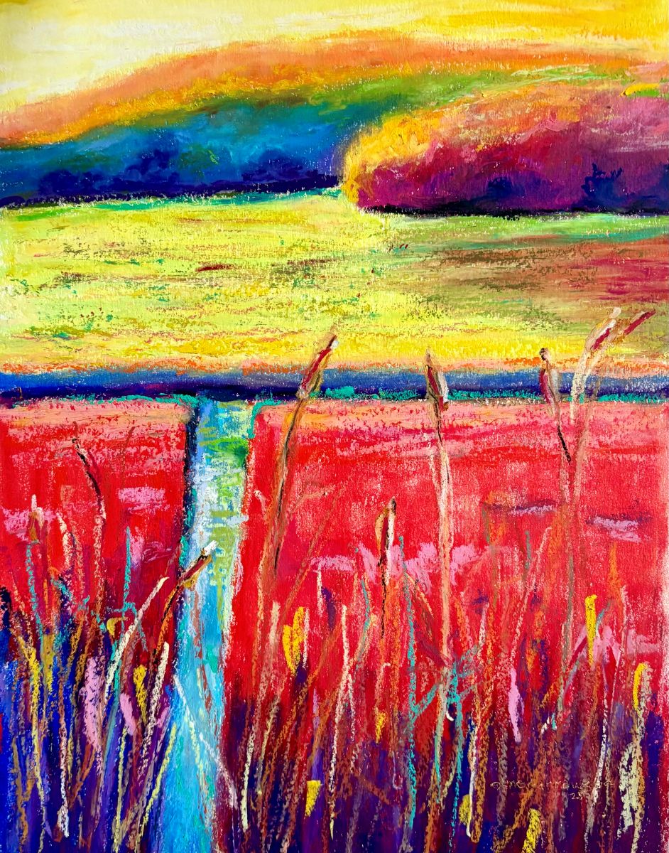 Cattails, soft oil pastel painting by Gene Harrawood