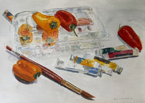 Paint, Brush, Peppers, watercolor by Gene Harrawood