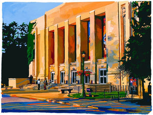 Auditorium at Sunset (I.U. Campus), reproduction from original gouache painting by Tom Rhea 