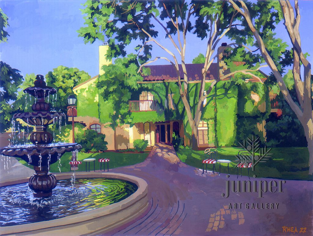 California Restaurant with Fountain (original) by Tom Rhea