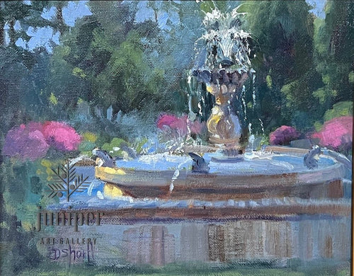 (Unframed) Flowers at the Fountain by Donna Shortt