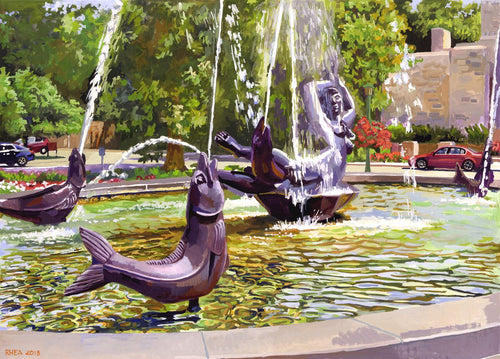 Showalter Fountain, East view  (I.U. Campus), reproduction from original gouache painting by Tom Rhea 