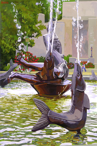 Showalter Fountain, Lily  (I.U. Campus), reproduction from original gouache painting by Tom Rhea