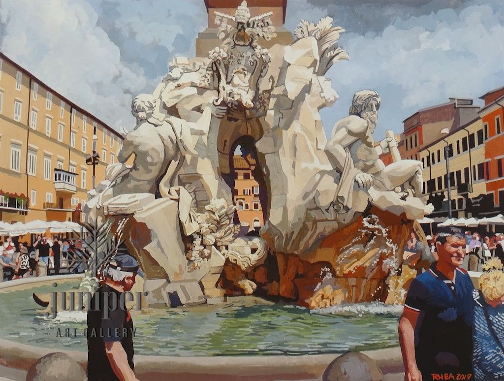 Roman Fountain (Fountain of Four Rivers) reproduction from original gouache painting by Tom Rhea
