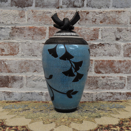 Tall Lidded Blue Gingko Vessel by Christine Davis