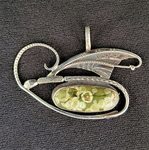 Sterling silver damselfly pendant with orbicular jasper stone by Tim Terry