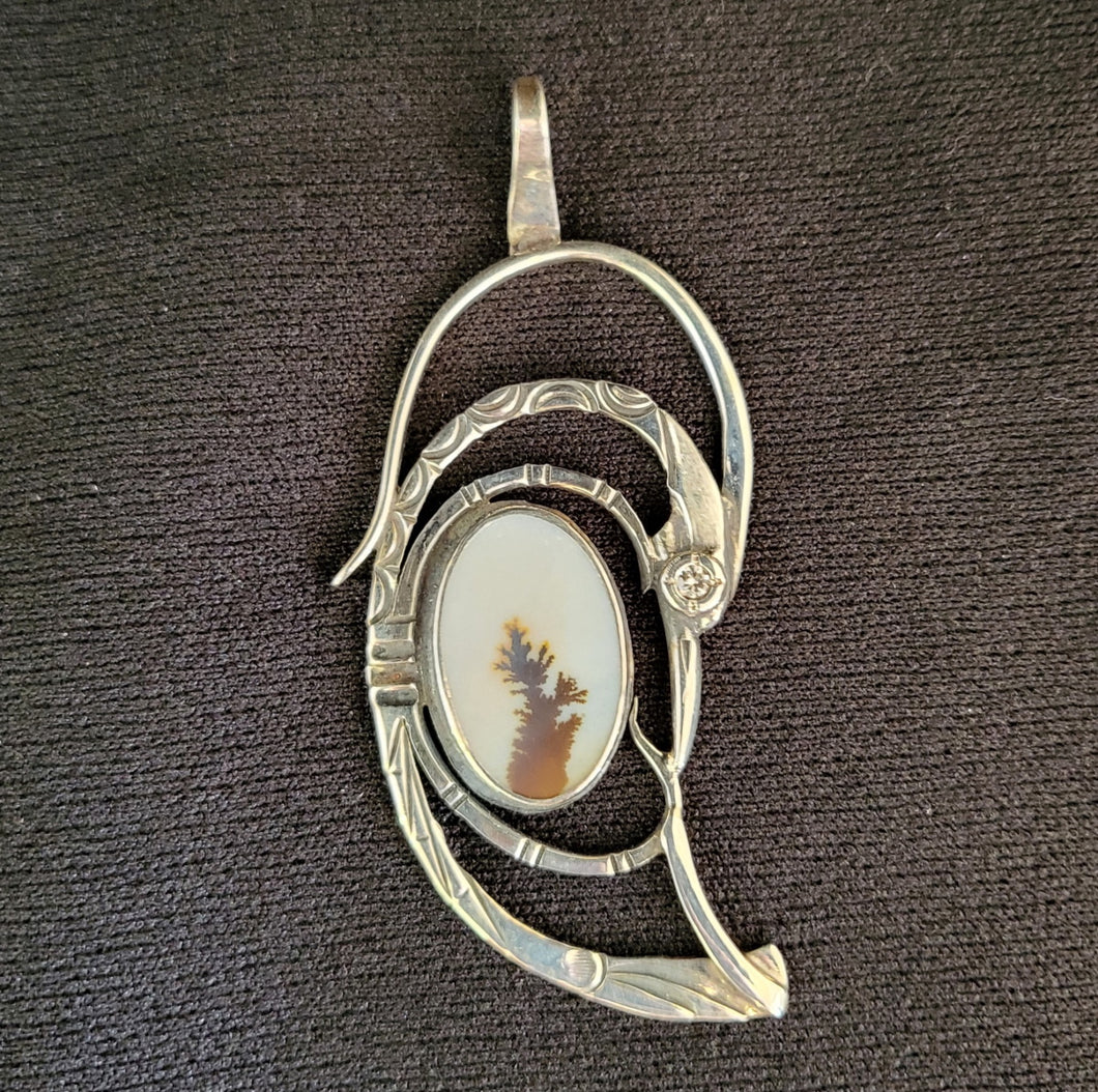 Sterling silver bird pendant with diamond eye and dendritic agate stone Tim Terry