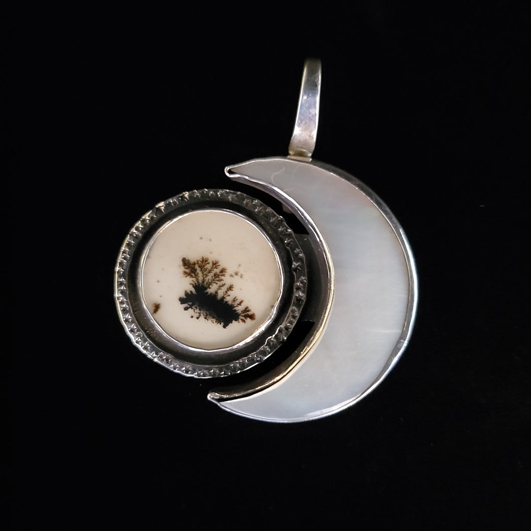 Sterling silver pendant with dendritic agate (round) and mother-of-pearl crescent moon by Tim Terry