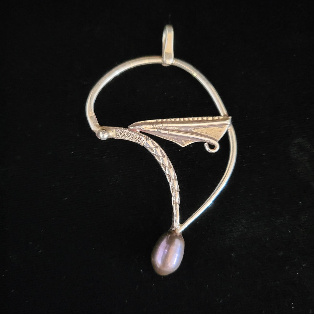 Sterling silver damselfly pendant with fresh water pearl by artist Tim Terry