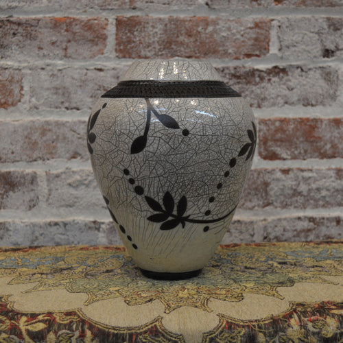 White Crackle Floral Design Vessel by Christine Davis