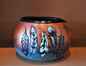 Hand painted gourd bowl w/ feathers by Debra Flagle