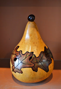 Gourd, wood-burned, hand painted with oak leaf pattern and removable lid by Debra Flagle