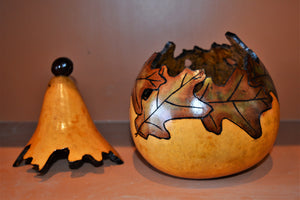 Gourd, wood-burned, hand painted with oak leaf pattern and removable lid (with a buckeye topper!) by Debra Flagle
