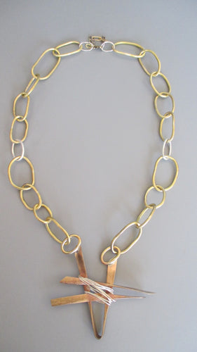 Brass and Silver Pendant Necklace by Dena Hawes