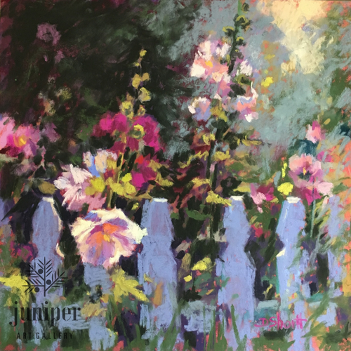 SOLD! Lake Hollyhocks, pastel painting by Donna Shortt