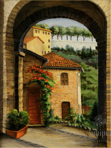 Assisi Entryway, reproduction from original oil by Margaret L. Sweany