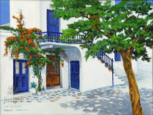 Mykonos Courtyard, giclee reproduction from an original oil painting by Margaret L. Sweany