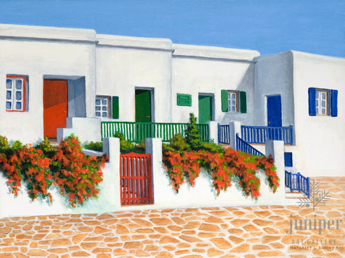 Colorful Mykonos Doors, reproduction from original oil by Margaret L. Sweany