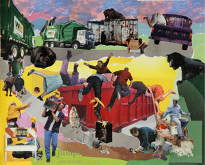 Dumpster Diving, reproduction from origanal collage by Margaret L. Sweany