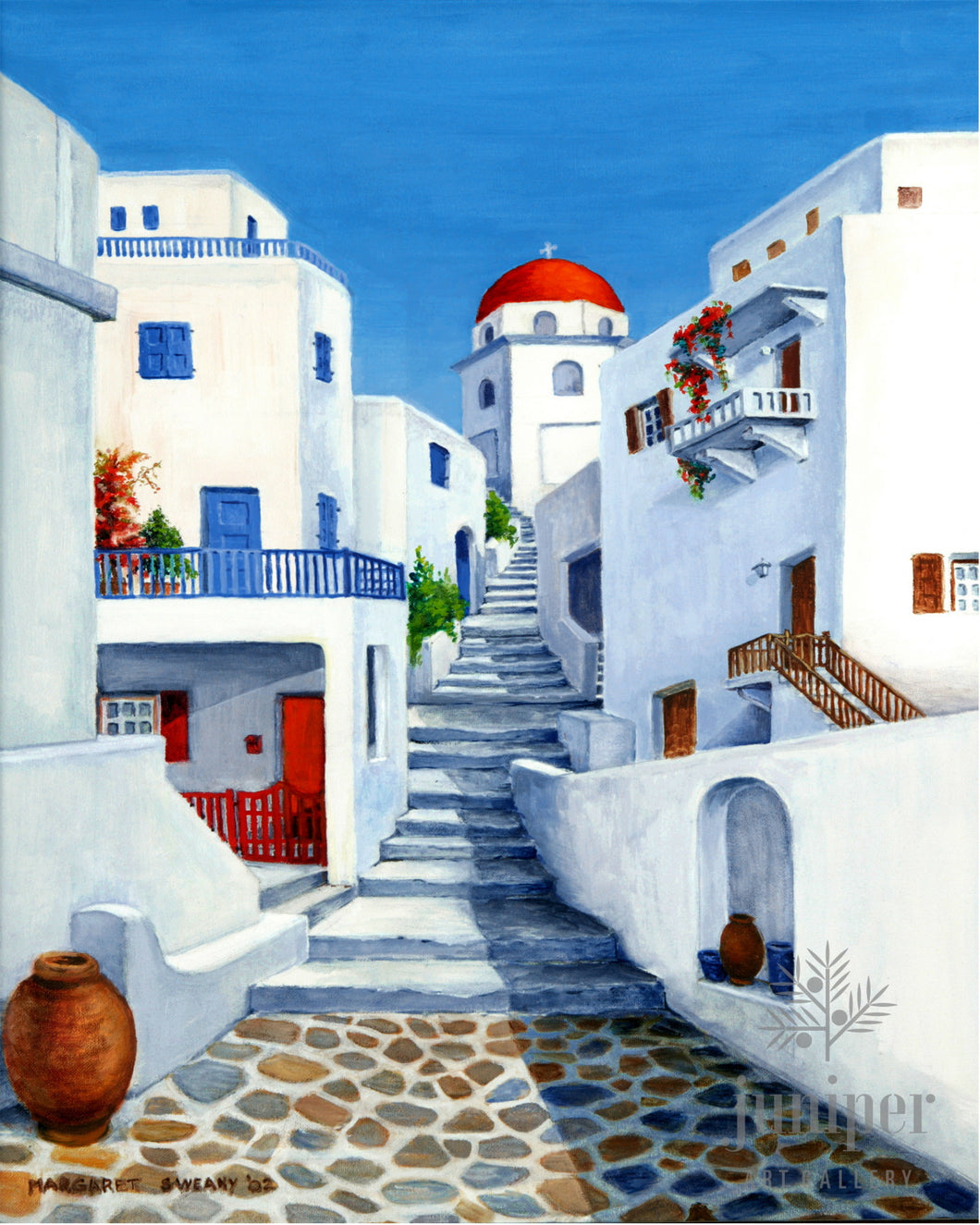 Greek Island Village, reproduction from original oil by Margaret L. Sweany