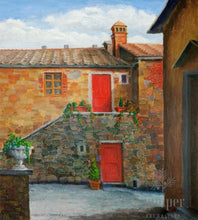 Red Doors, Castello di Gargonza, reproduction from original oil by Margaret L. Sweany