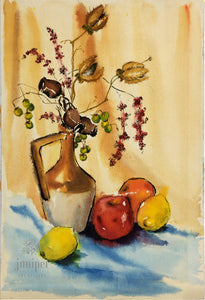 Still Life with fruit and Vase, reproduction from original watercolor and India ink painting by Margaret L. Sweany