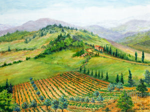 Tuscan Hillside, reproduction from original oil by Margaret L. Sweany