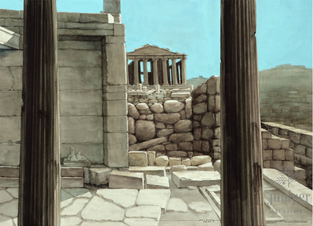 The Parthenon, Seen through the Acropolis, Propylaea, reproduction from original watercolor by Paul J Sweany