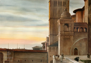 Basilica of St. Francis of Assisi at Twilight, reproduction from original watercolor by Paul J Sweany