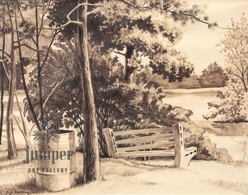 Fall Creek Bench is a  reproduction from an original felt pen drawing by Paul J Sweany