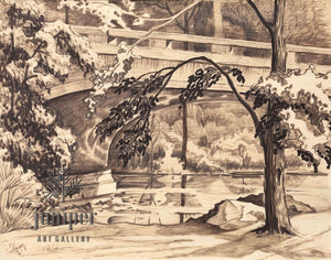 Fall Creek Bridge, is a  reproduction from an original felt pen drawing by Paul J Sweany