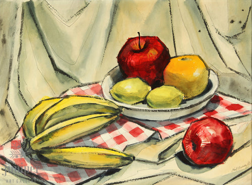 Still Life with Apples and Bananas, reproduction from watercolor by Paul J Sweany
