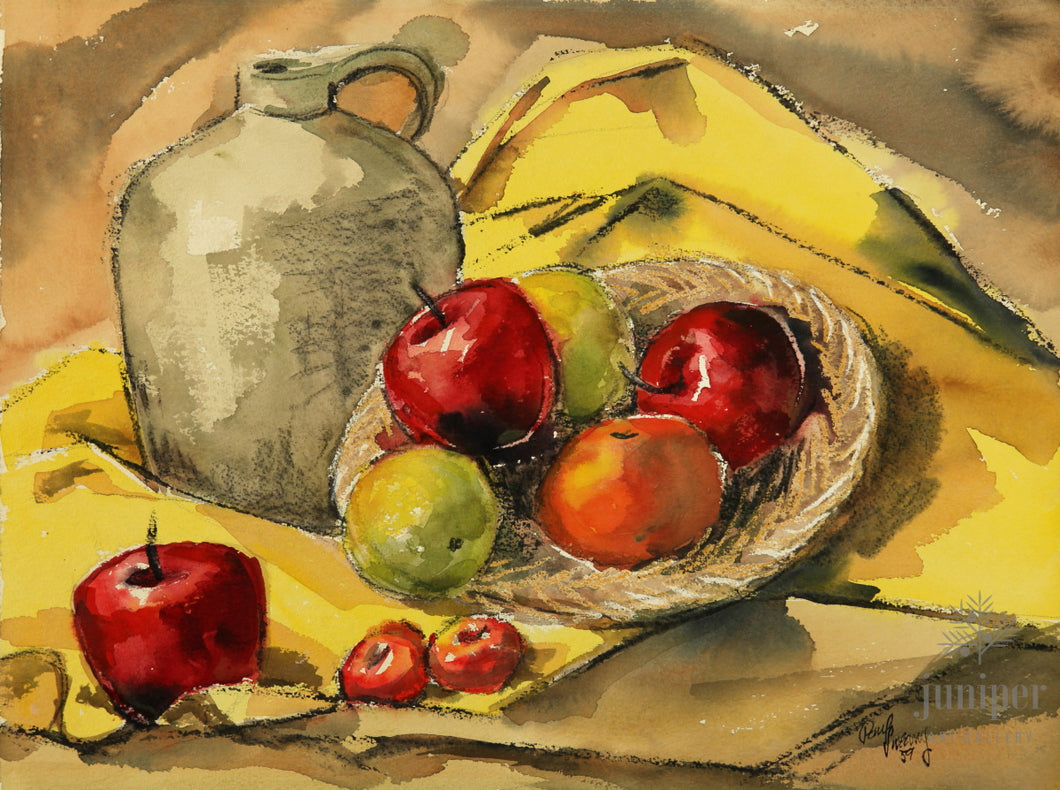 Still Life with Apples and Ceramic Jug, reproduction from watercolor by Paul J Sweany