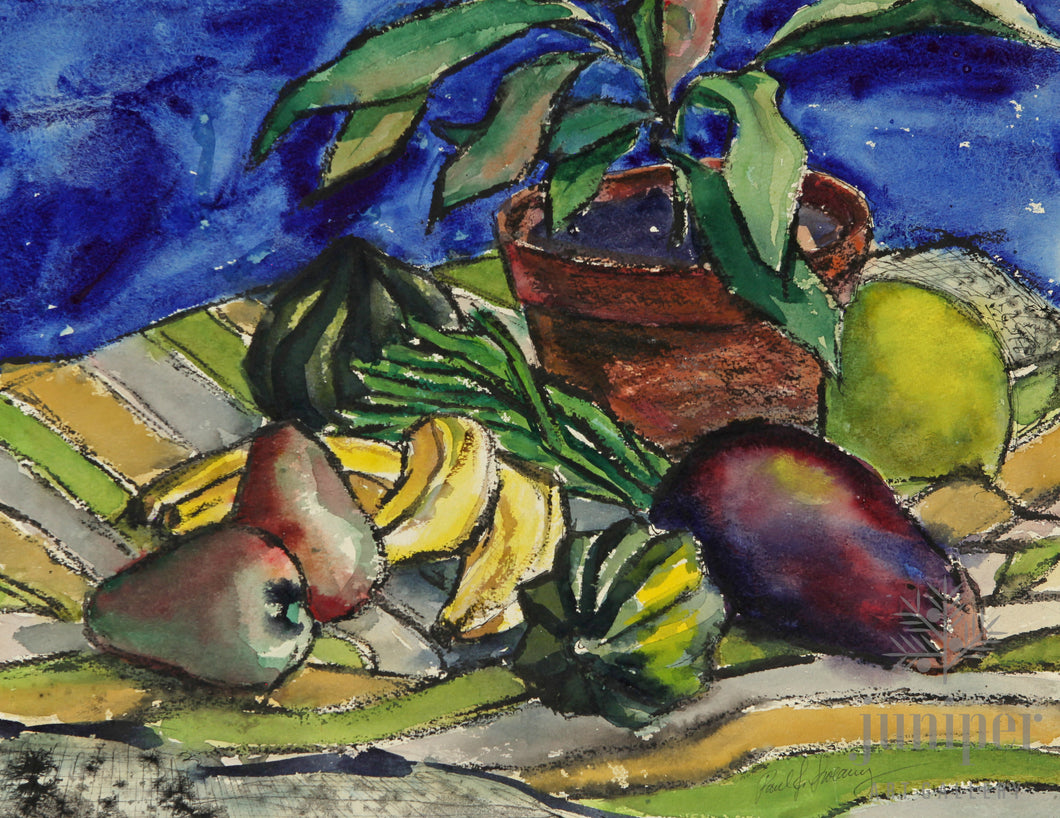 Still Life with Eggplant, Squash and Fruit, reproduction from watercolor by Paul J Sweany