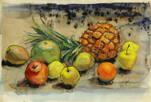 Sill Life with Pineapple and Fruit, reproduction from watercolor by Paul J Sweany