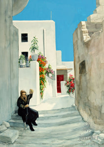 Woman Spinning Yarn, Mykonos, Greece, reproduction from original watercolor by Paul J Sweany