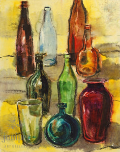 Still Life with Glass Bottles, reproduction from watercolor by Paul J Sweany