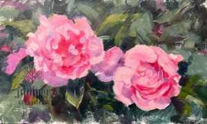 Peonies by the Barn, unframed oil painting by Donna Shortt