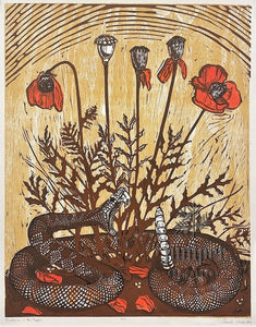 Ouroboros in the Poppies, woodcut and linocut by Danielle Urschel